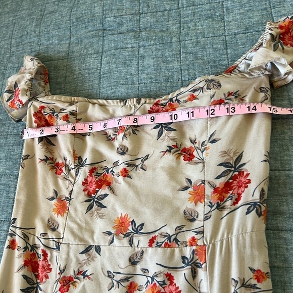 Off the Shoulder Boho Floral Maxi Dress Double Slits in Tan Orange Floral | M - Picture 8 of 10